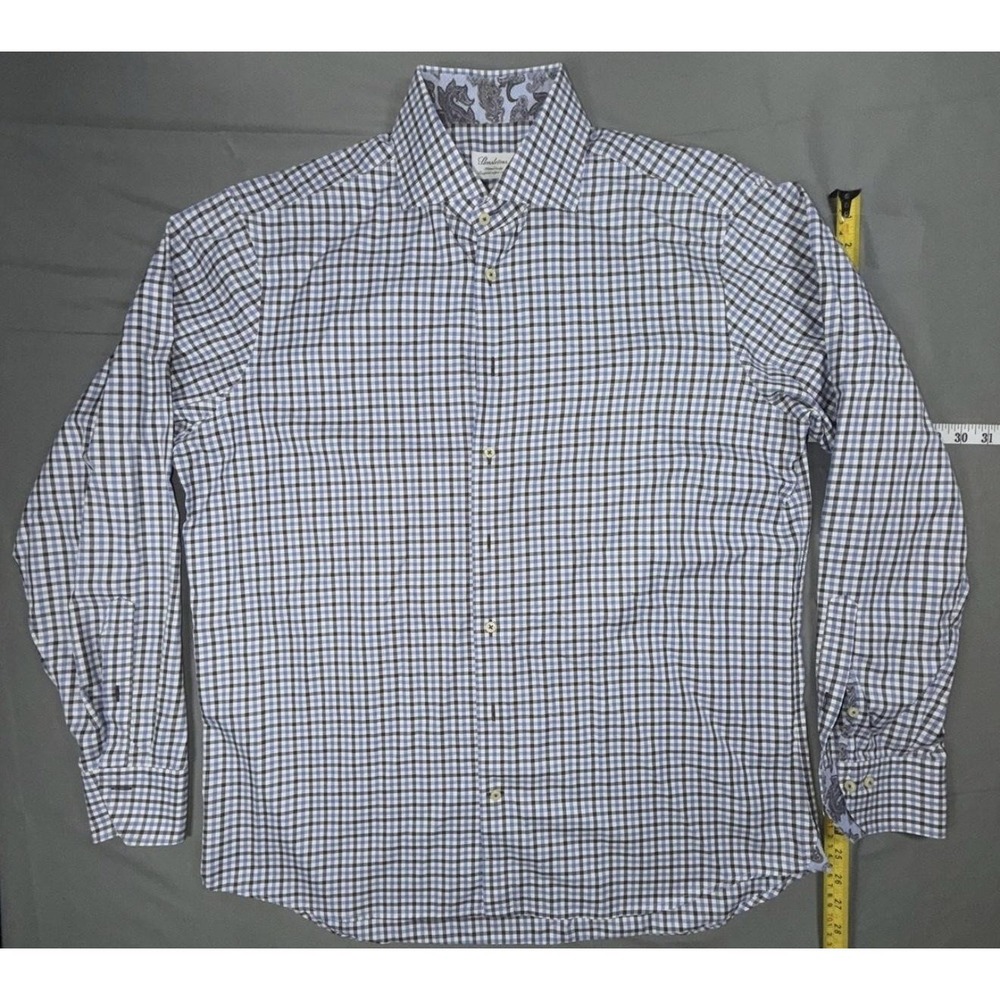 Stenströms Dress Shirt Mens 17.5 44 Blue Gingham Fitted Body Cotton Long Sleeve